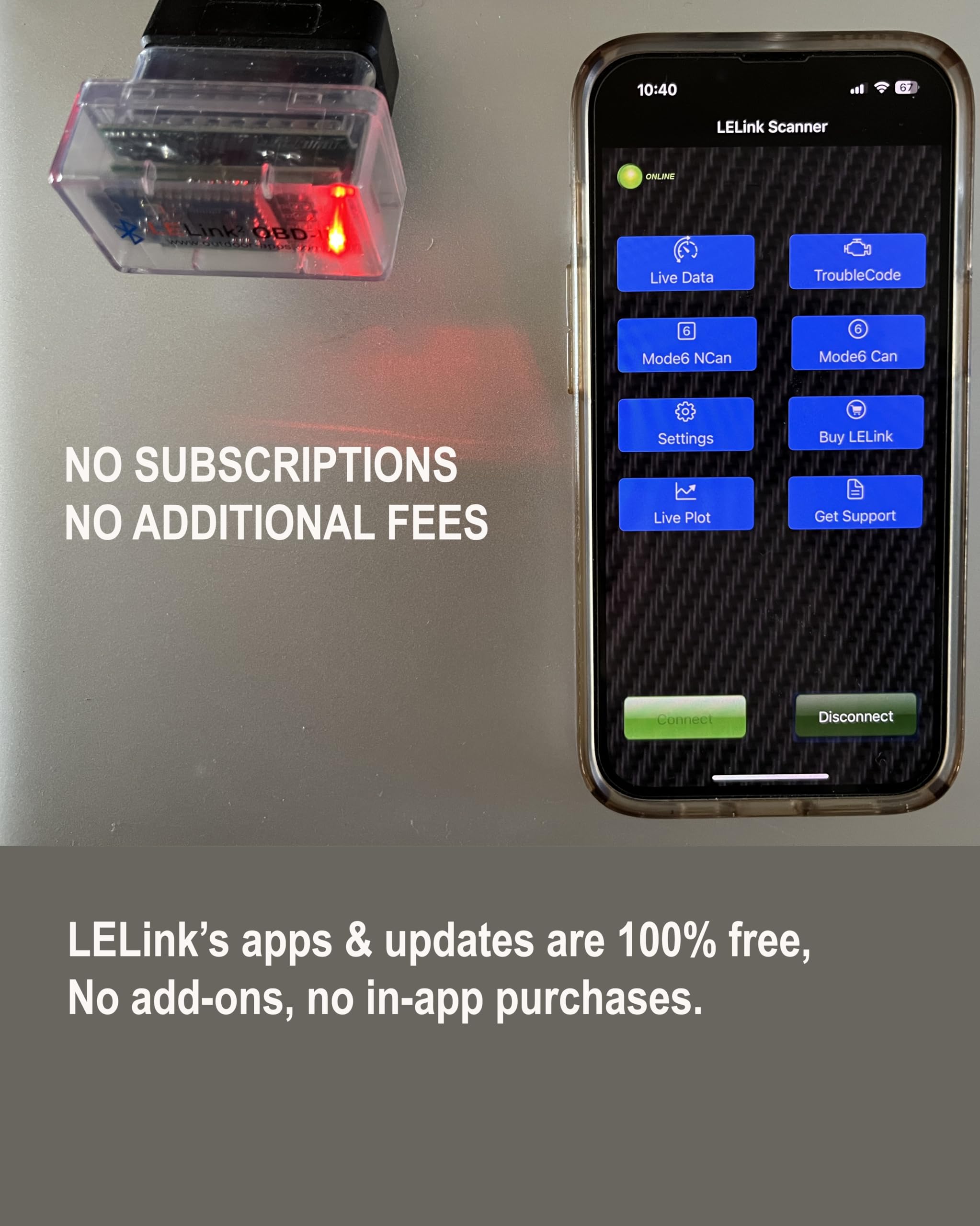 LELink connected to phone displaying live engine data and real-time diagnostics