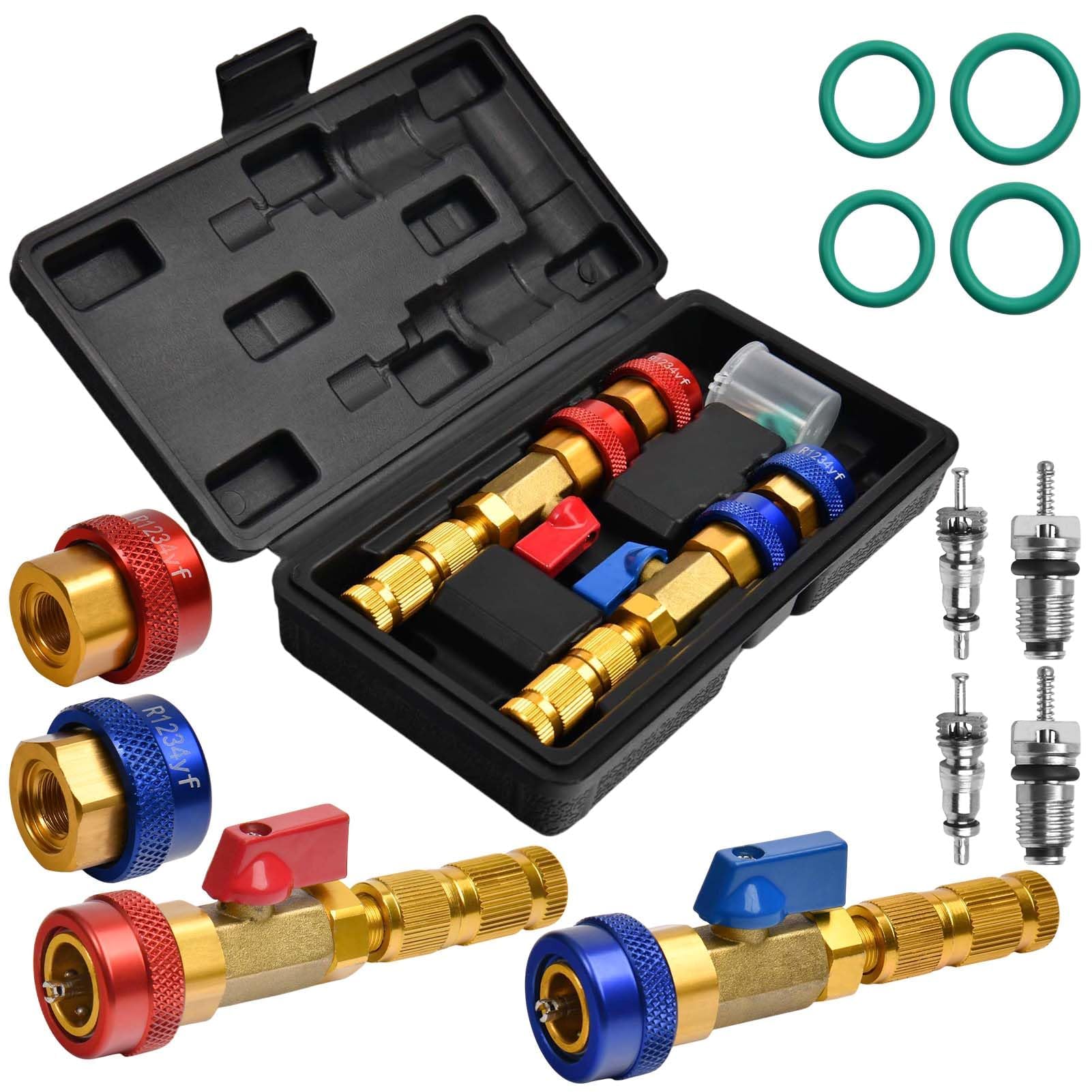 LEONTOOL front packaging showing complete AC valve core kit and components benefit fast identification
