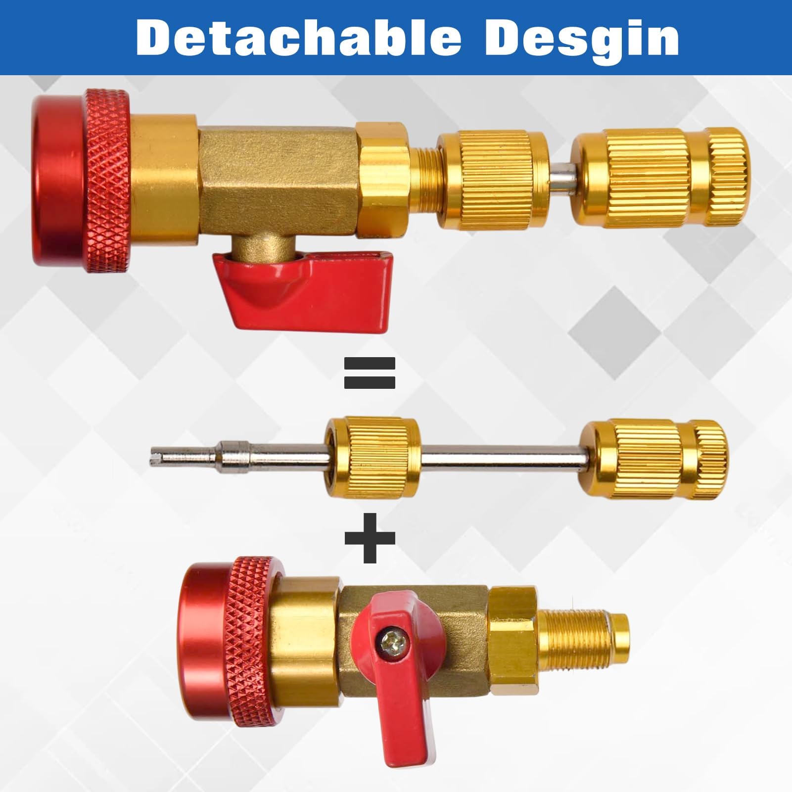 LEONTOOL tool in use on car AC service port showing no-leak operation during valve core change benefit