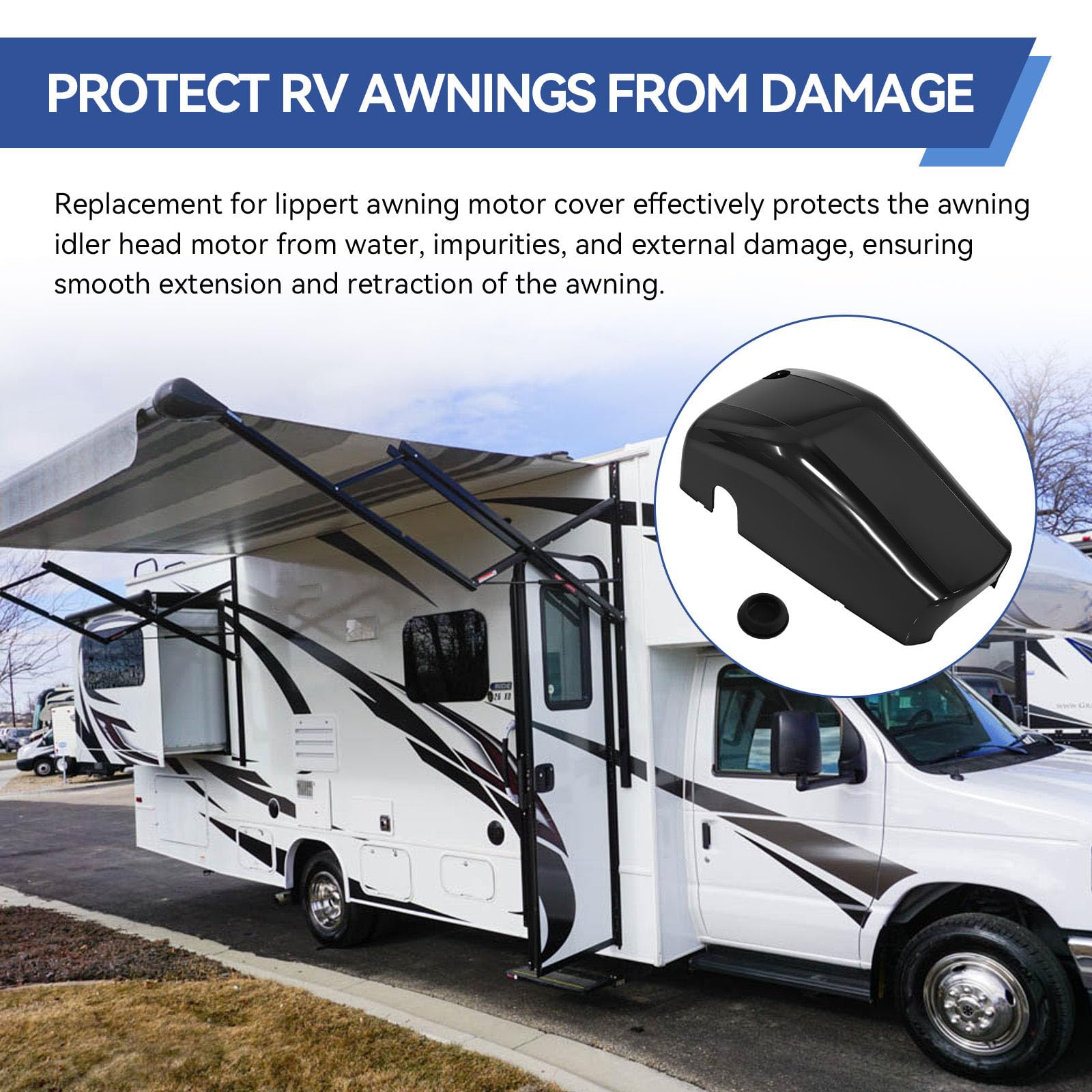 LEWEREST end cap on camper at campsite showing restored awning function