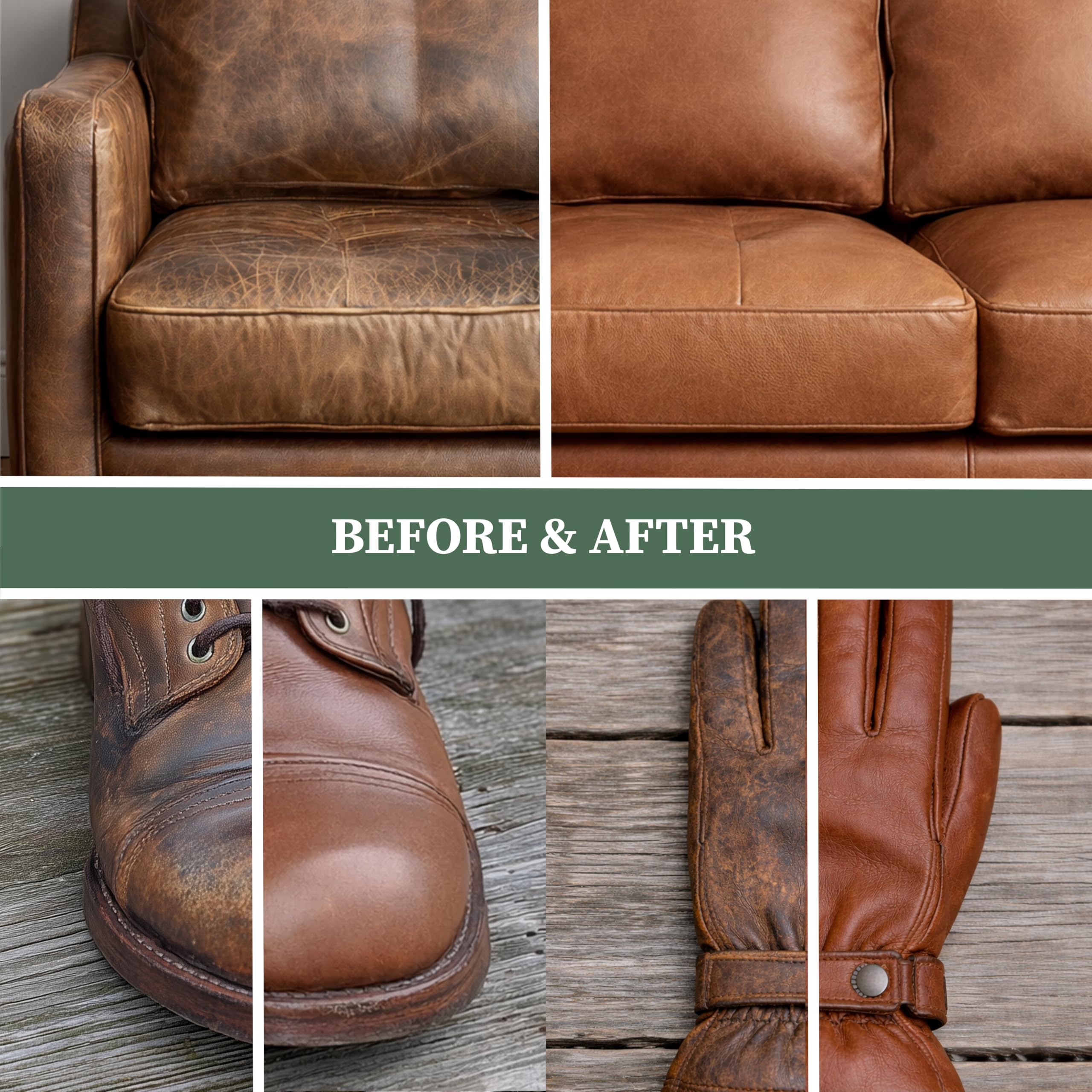 Before and after photo of boots treated with Lexol, shows renewed suppleness and color