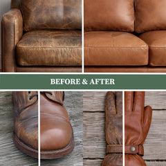 Before and after photo of boots treated with Lexol, shows renewed suppleness and color