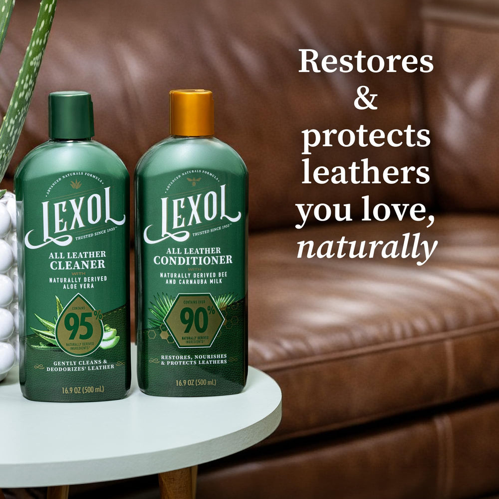 Lexol cleaner bottle close-up highlighting aloe-based gentle cleaning benefit