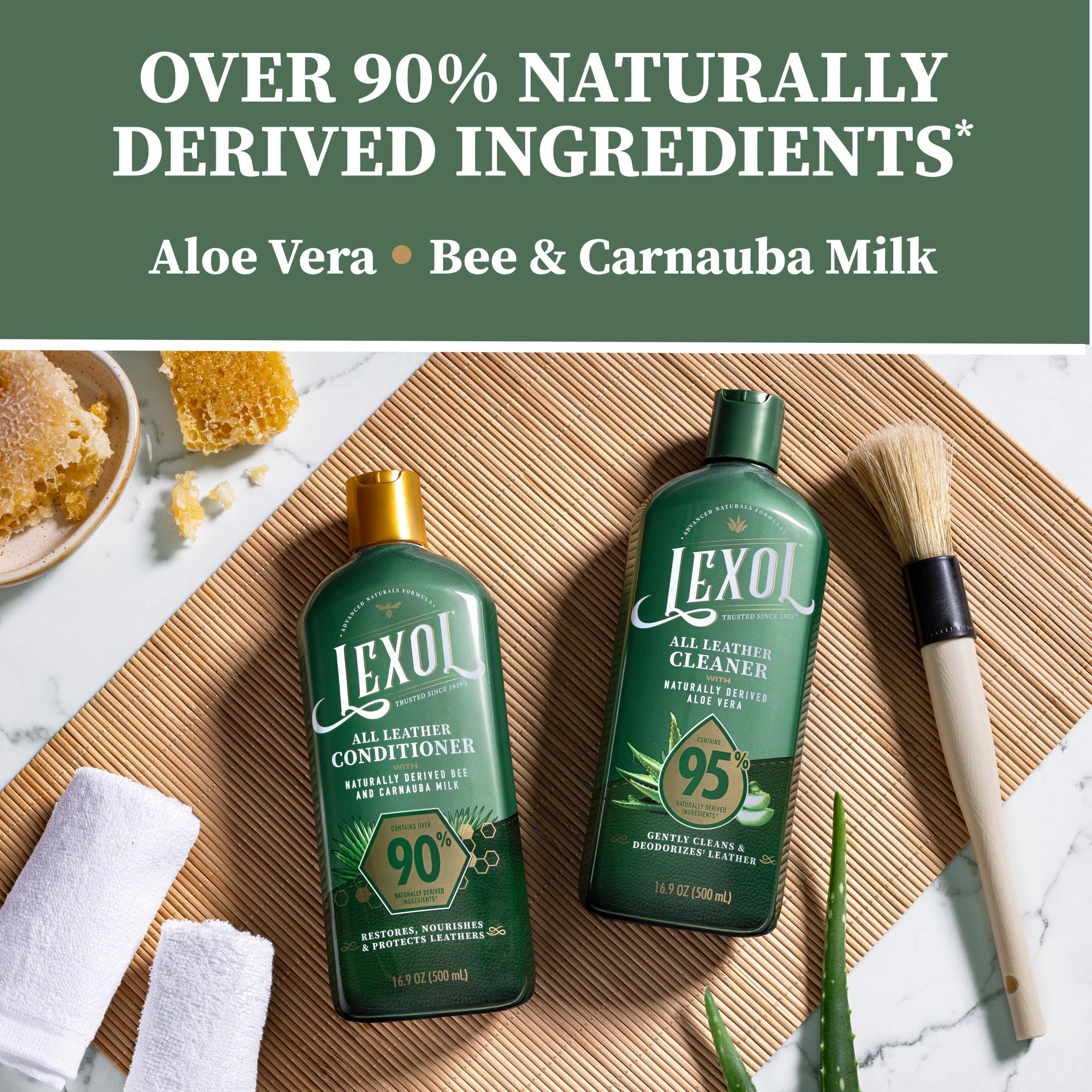 Lexol conditioner being poured to show bee and carnauba milk nourishing finish