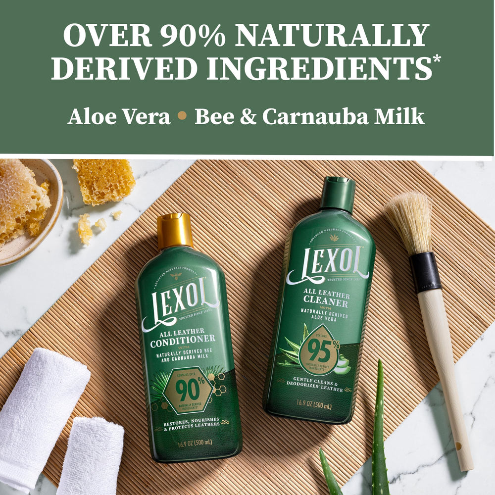 Lexol conditioner being poured to show bee and carnauba milk nourishing finish