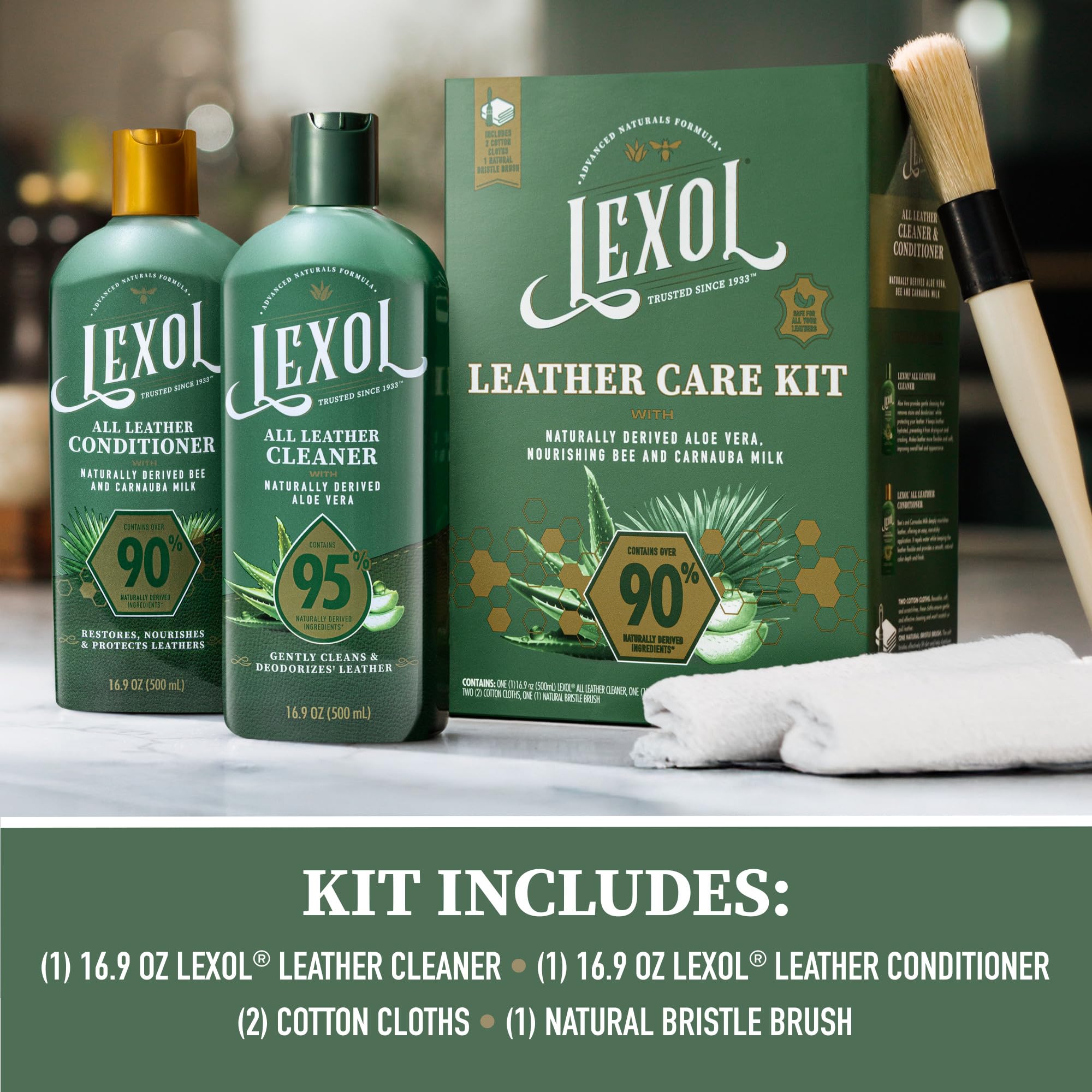 Flatlay of Lexol kit pieces demonstrating complete care set for leather