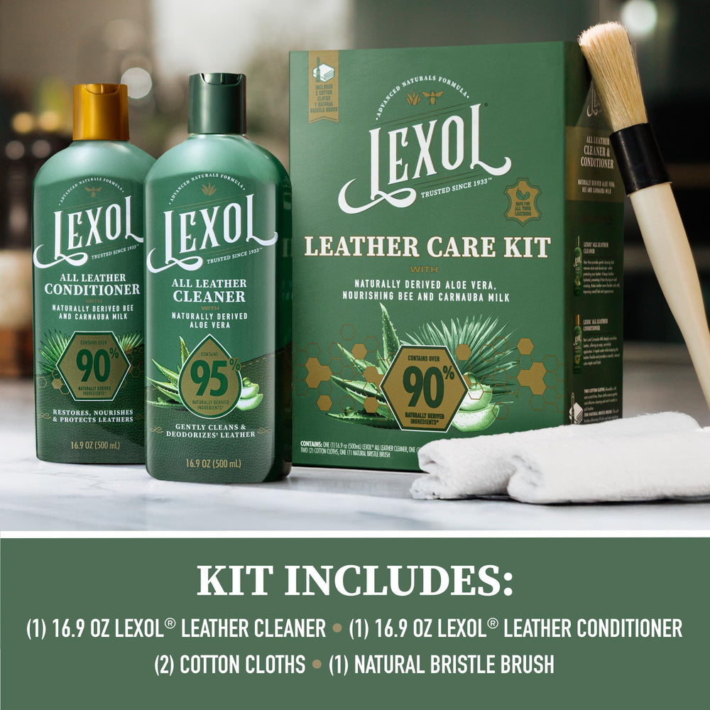 Flatlay of Lexol kit pieces demonstrating complete care set for leather