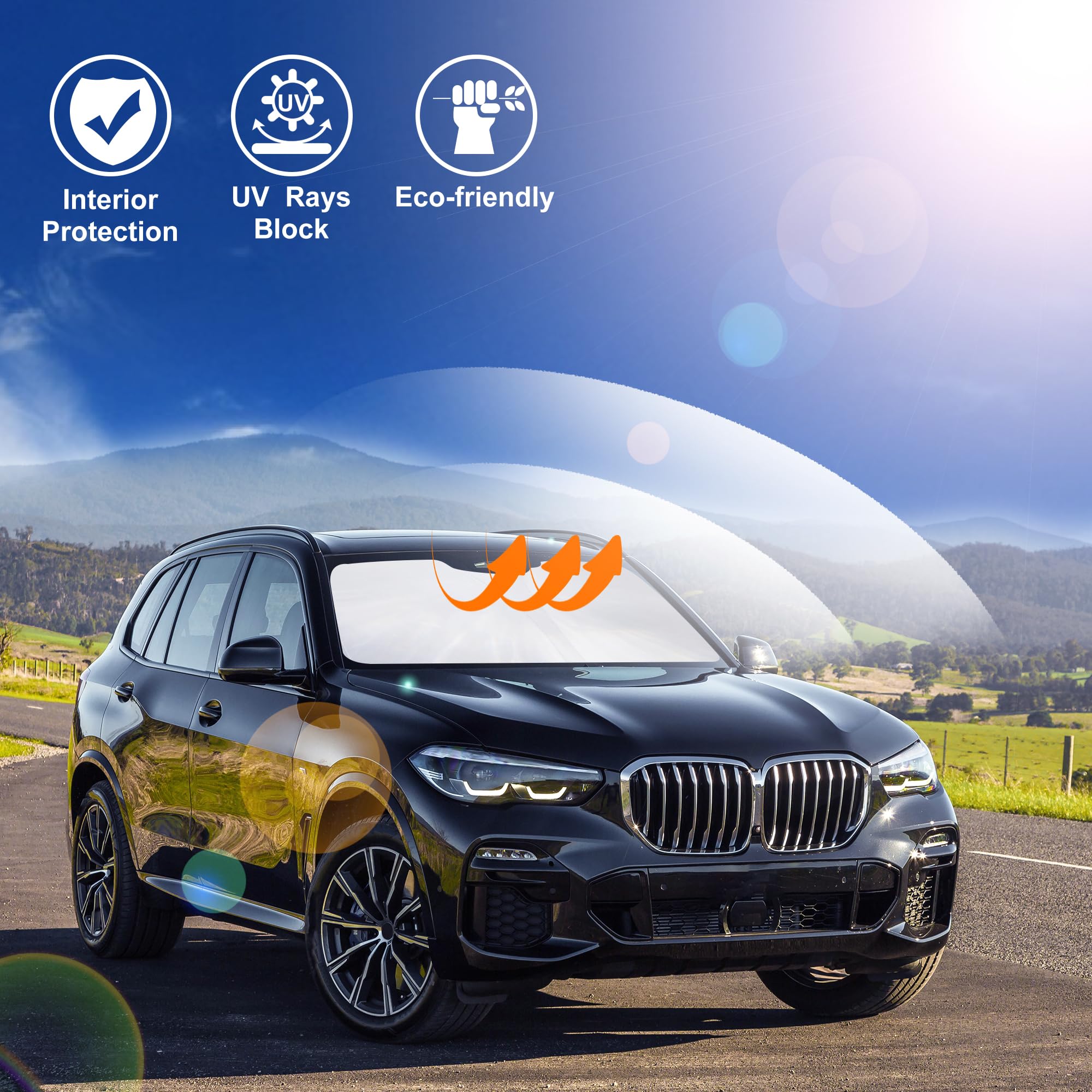 LHFLIVE sun shade in parked BMW X5 demonstrating cooler interior benefit