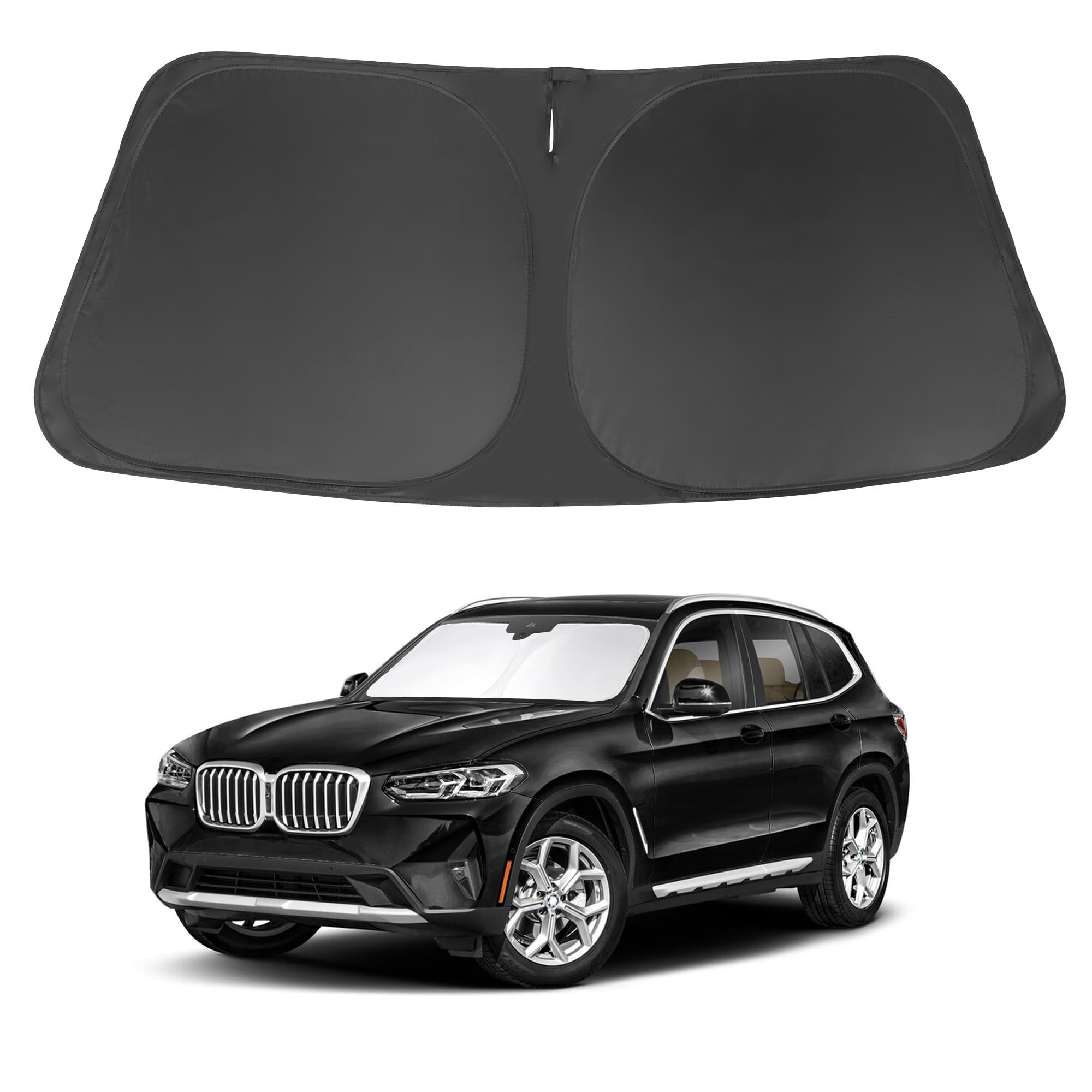 LHFLIVE front view of sun shade showing custom BMW X3 fit and protected windshield