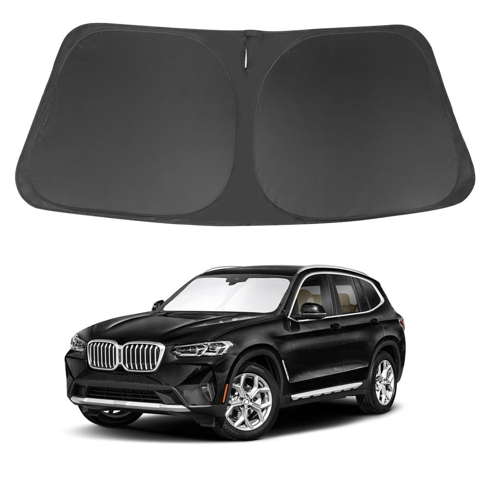 LHFLIVE front view of sun shade showing custom BMW X3 fit and protected windshield