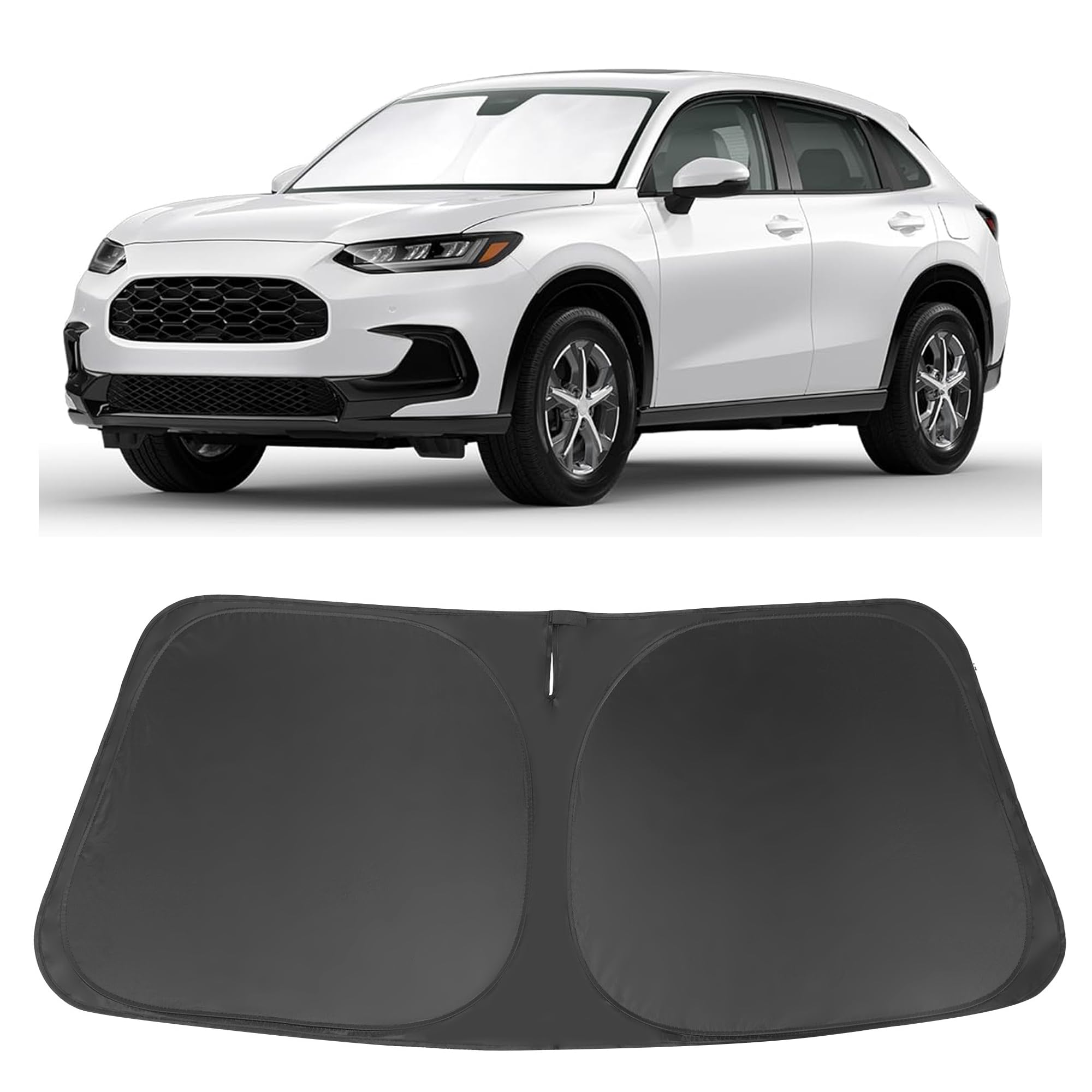 LHFLIVE front view of sun shade fitted for Honda HR-V showing complete windshield coverage and protection
