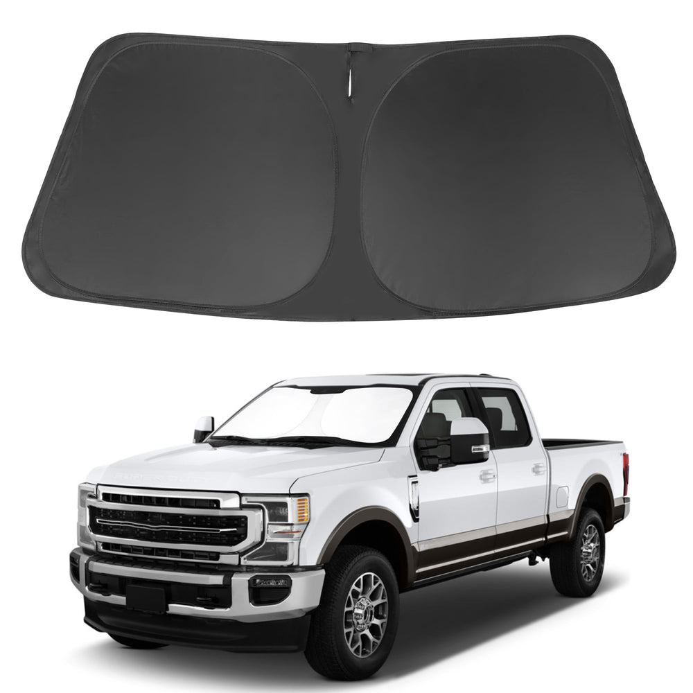 LHFLIVE front view showing precise fit on Ford Super Duty windshield, keeping cabin cool