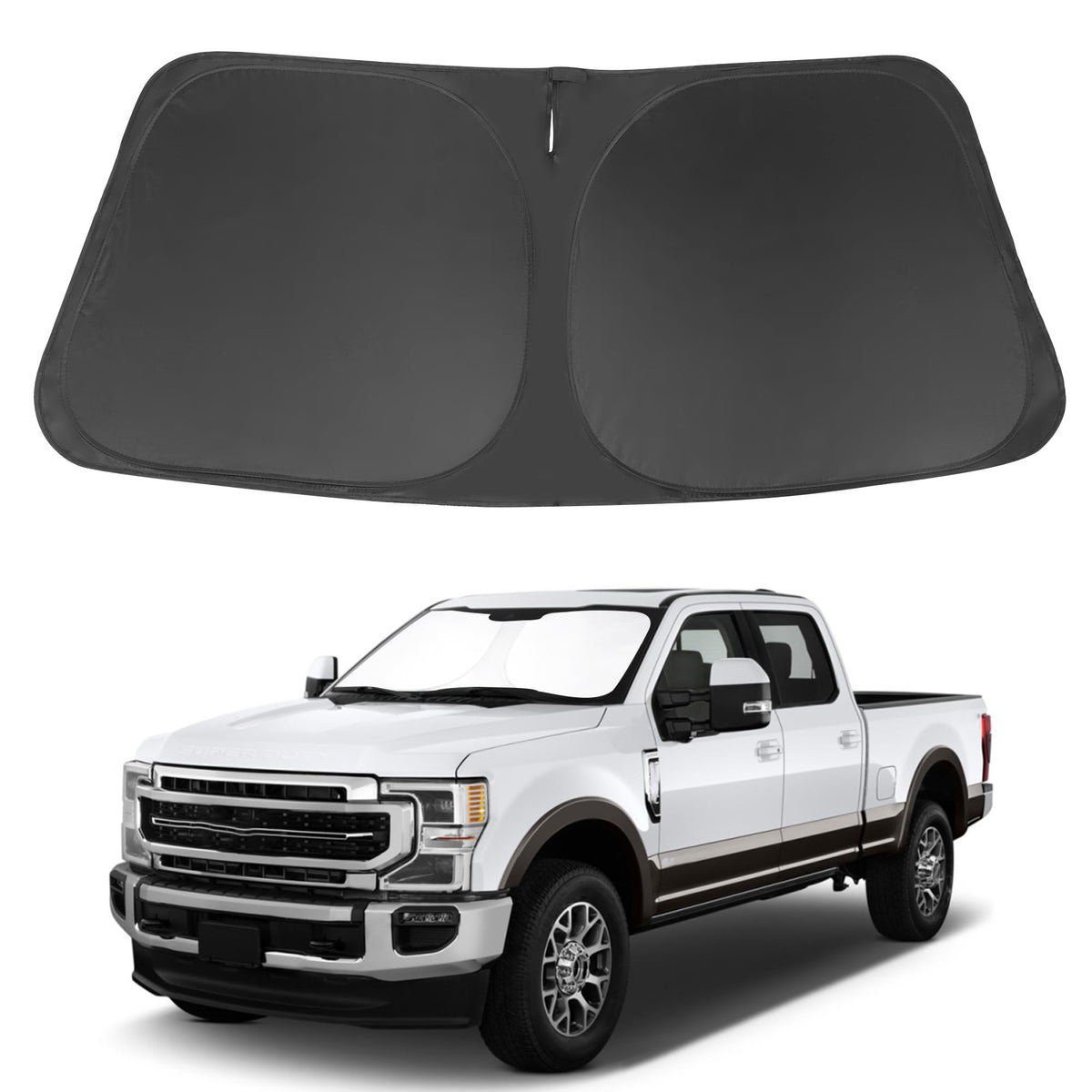 LHFLIVE front view showing precise fit on Ford Super Duty windshield, keeping cabin cool