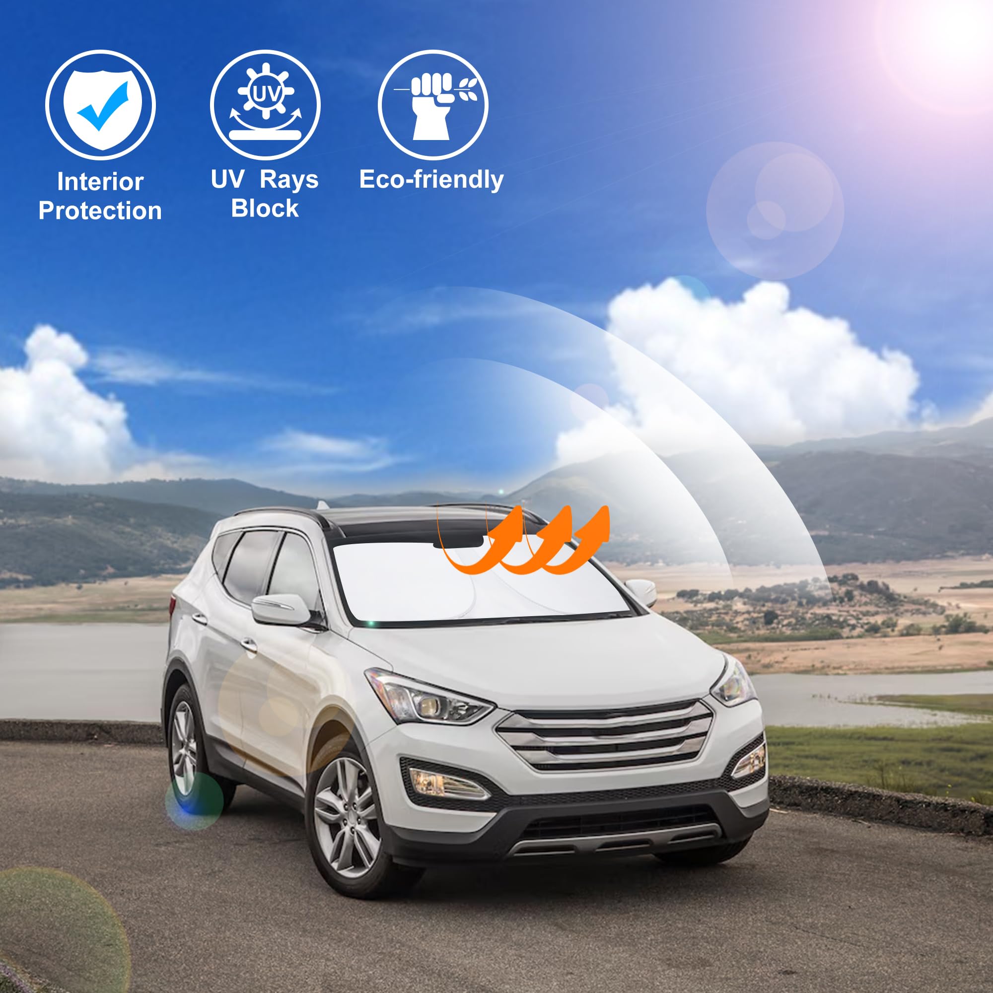 LHFLIVE lifestyle shot of parked Santa Fe with shade reducing cabin heat