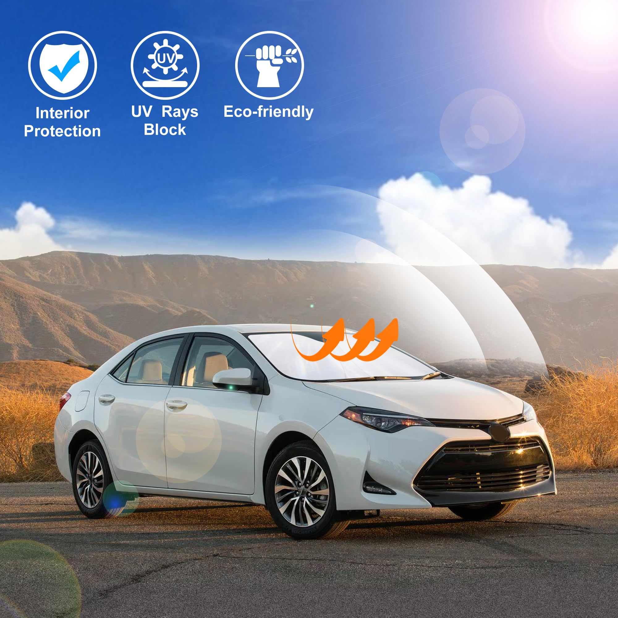 LHFLIVE shade in parked Corolla blocking sunlight and preserving interior surfaces