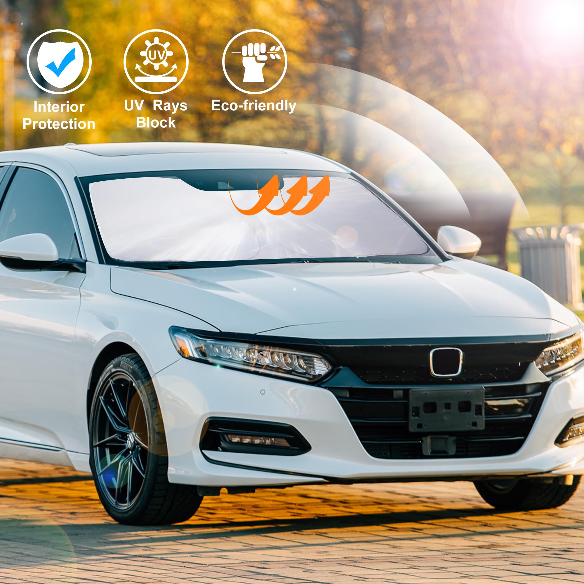 LHFLIVE lifestyle shot of parked Accord with shade, keeps cabin cool and protected