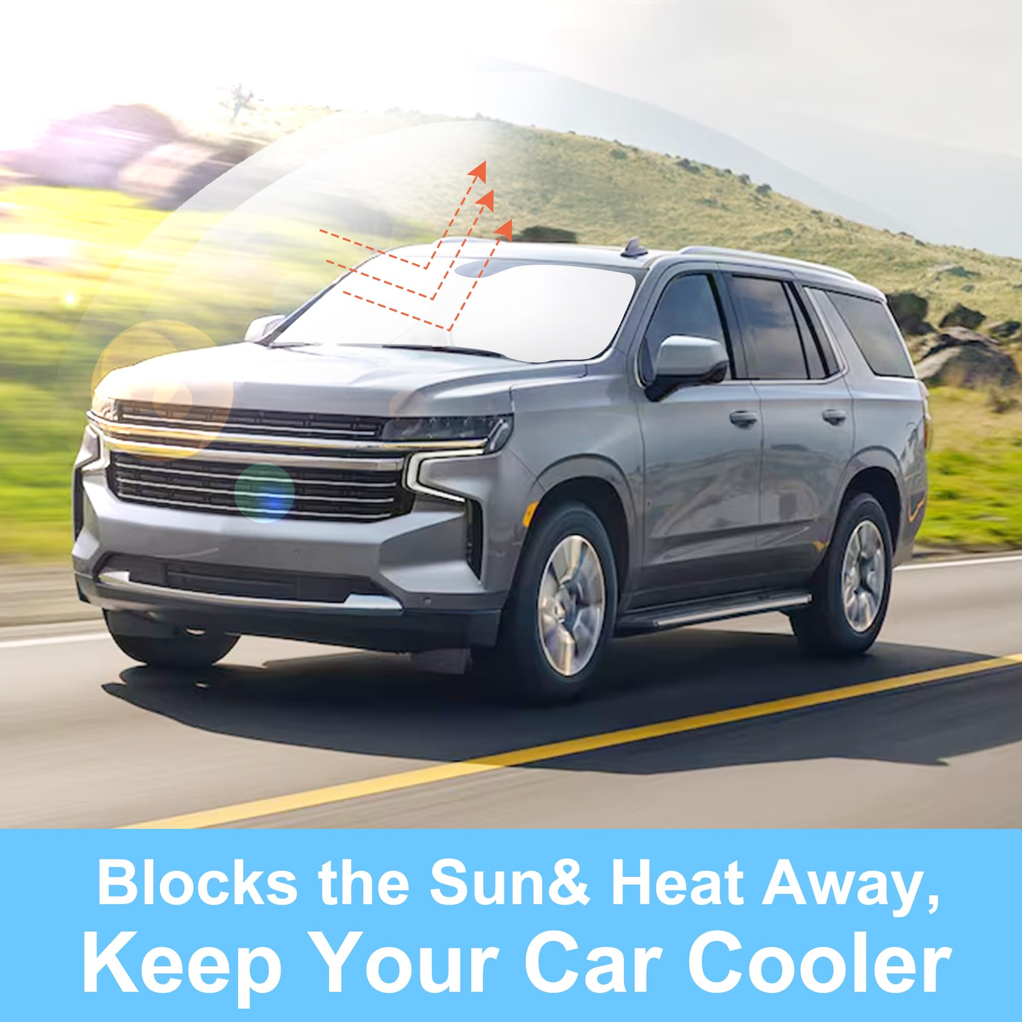LHFLIVE lifestyle shot of parked Tahoe with shade reducing interior heat