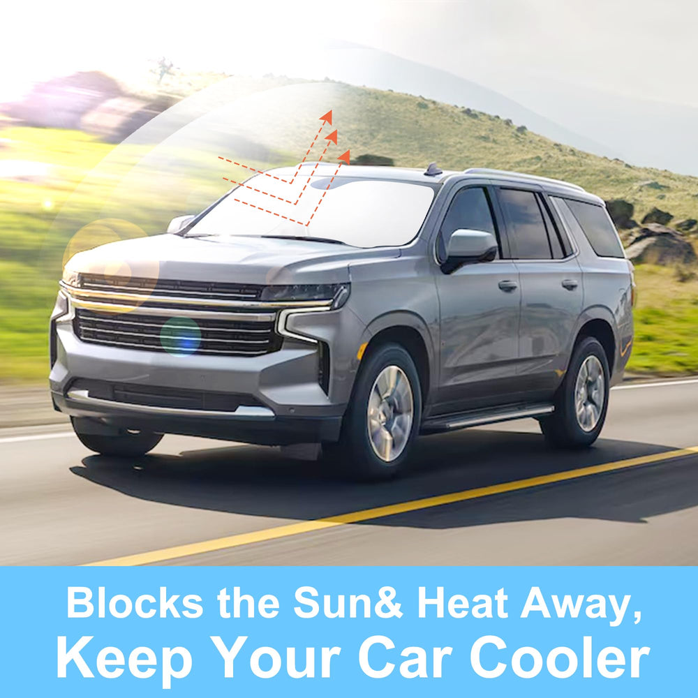 LHFLIVE lifestyle shot of parked Tahoe with shade reducing interior heat