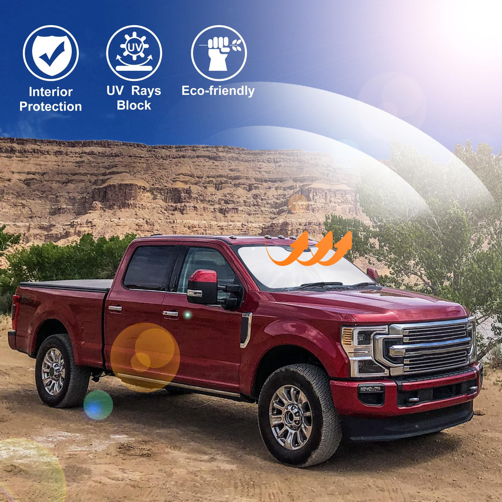 LHFLIVE lifestyle shot of parked Ford truck with shade installed, protects dashboard