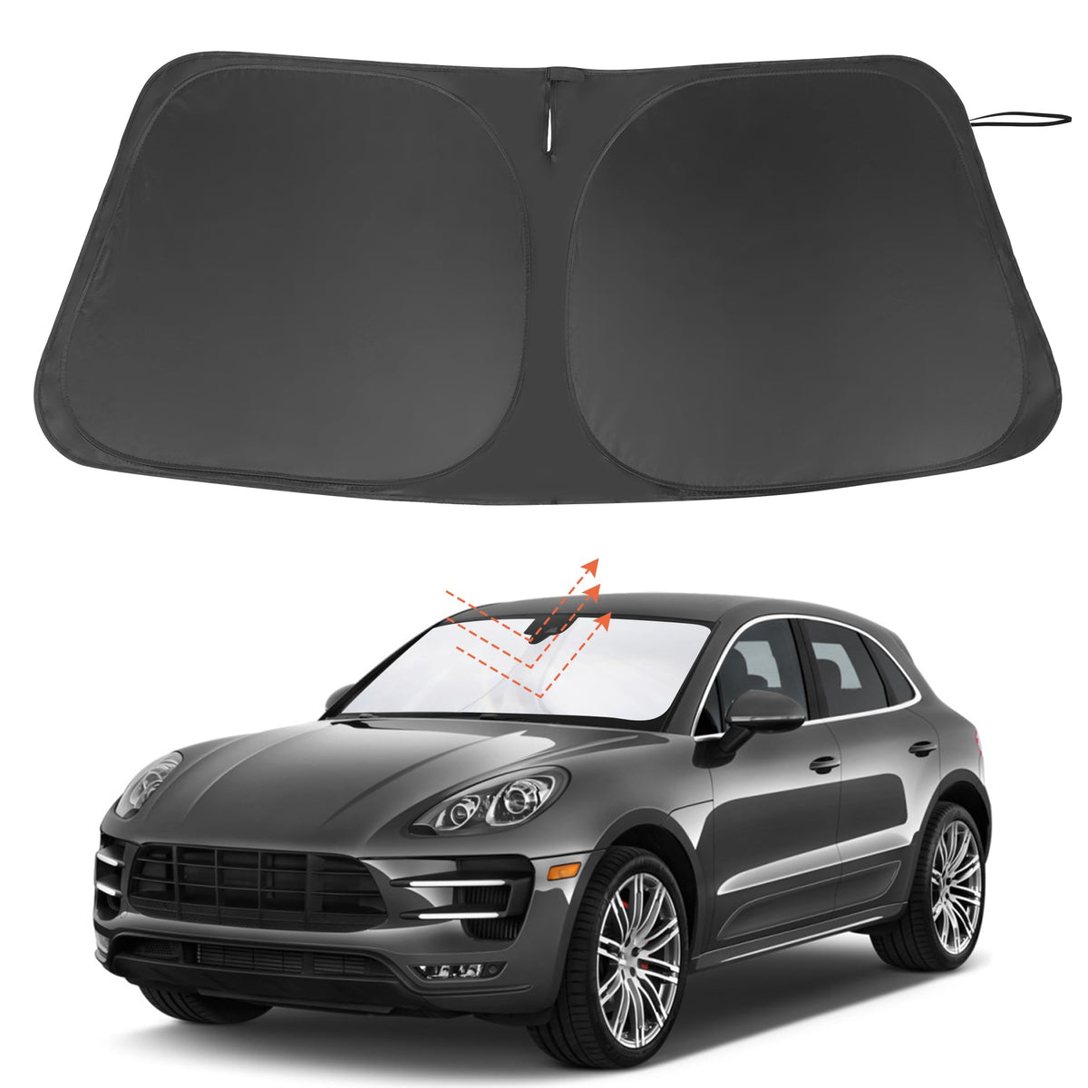 LHFLIVE front view of sun shade in packaging showing exact Macan fit and protection