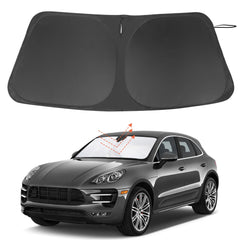 LHFLIVE front view of sun shade in packaging showing exact Macan fit and protection