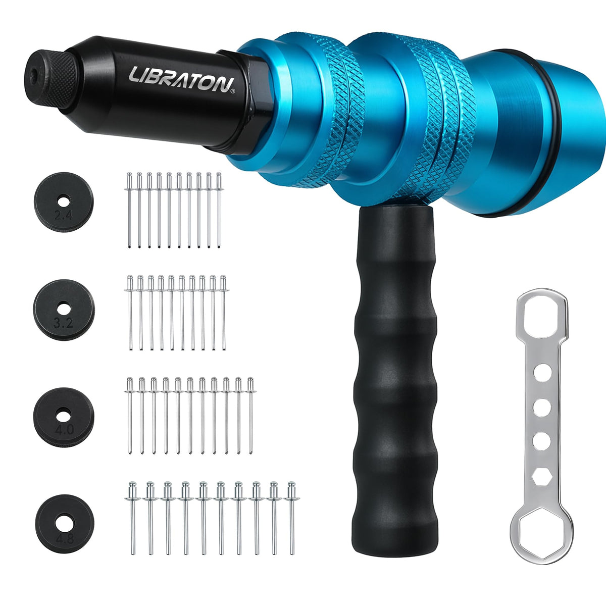 LIBRATON front view of rivet gun adapter showing compact, durable build and easy setup