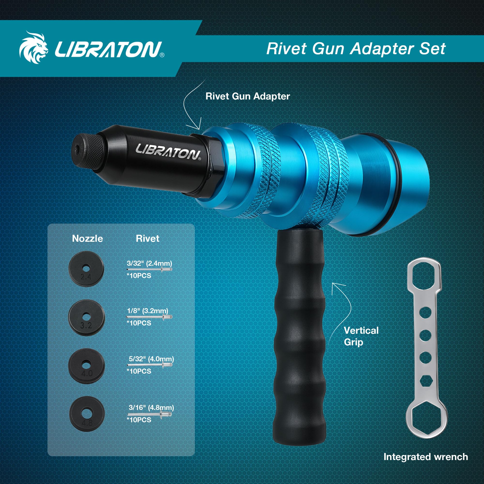 LIBRATON adapter mounted on electric drill for faster riveting and reduced effort