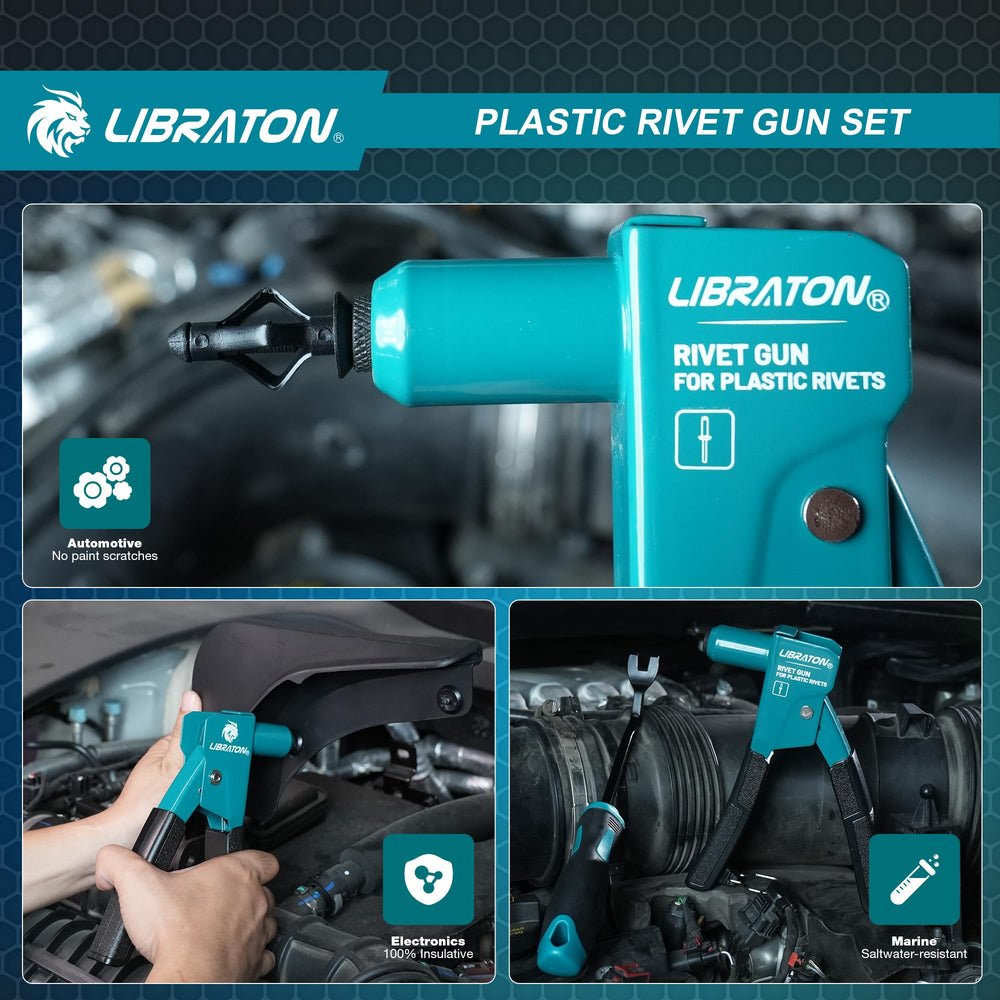 LIBRATON kit open case layout includes riveter, remover, and 40 rivets