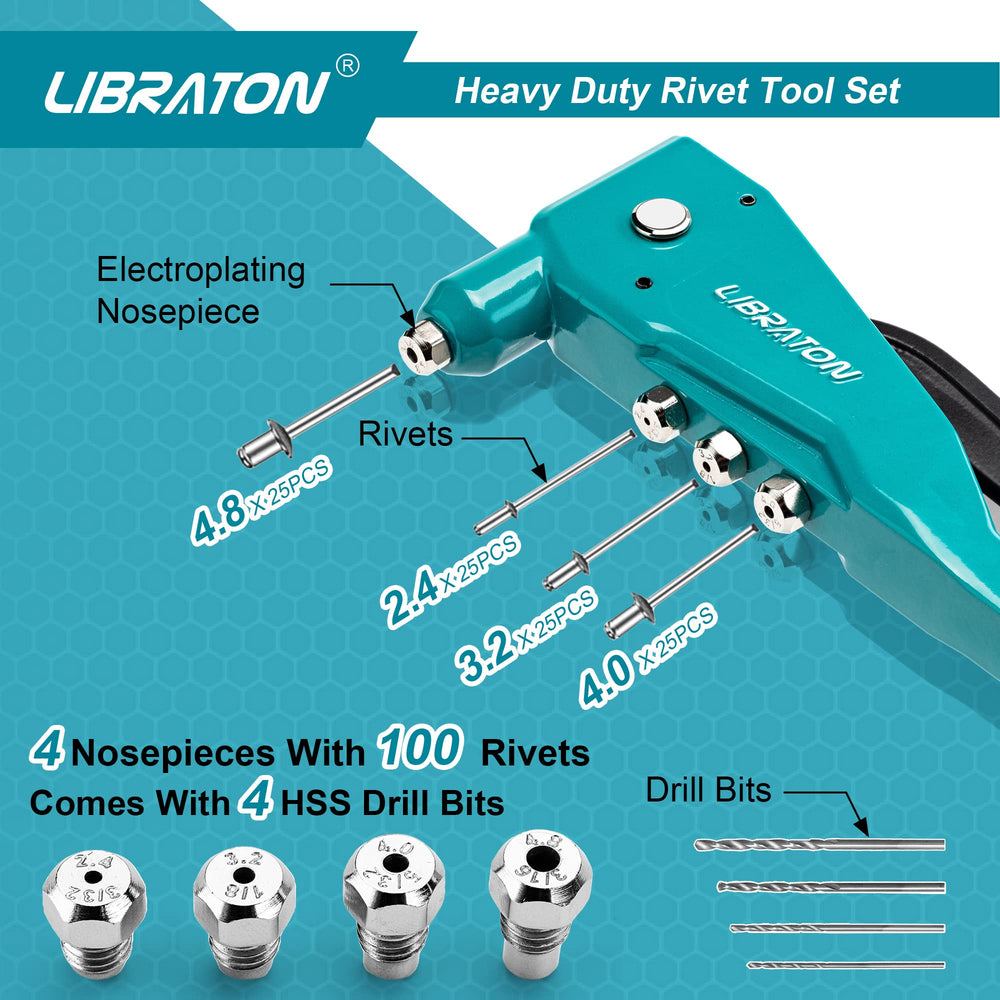 LIBRATON four interchangeable heads displayed for versatile rivet sizes
