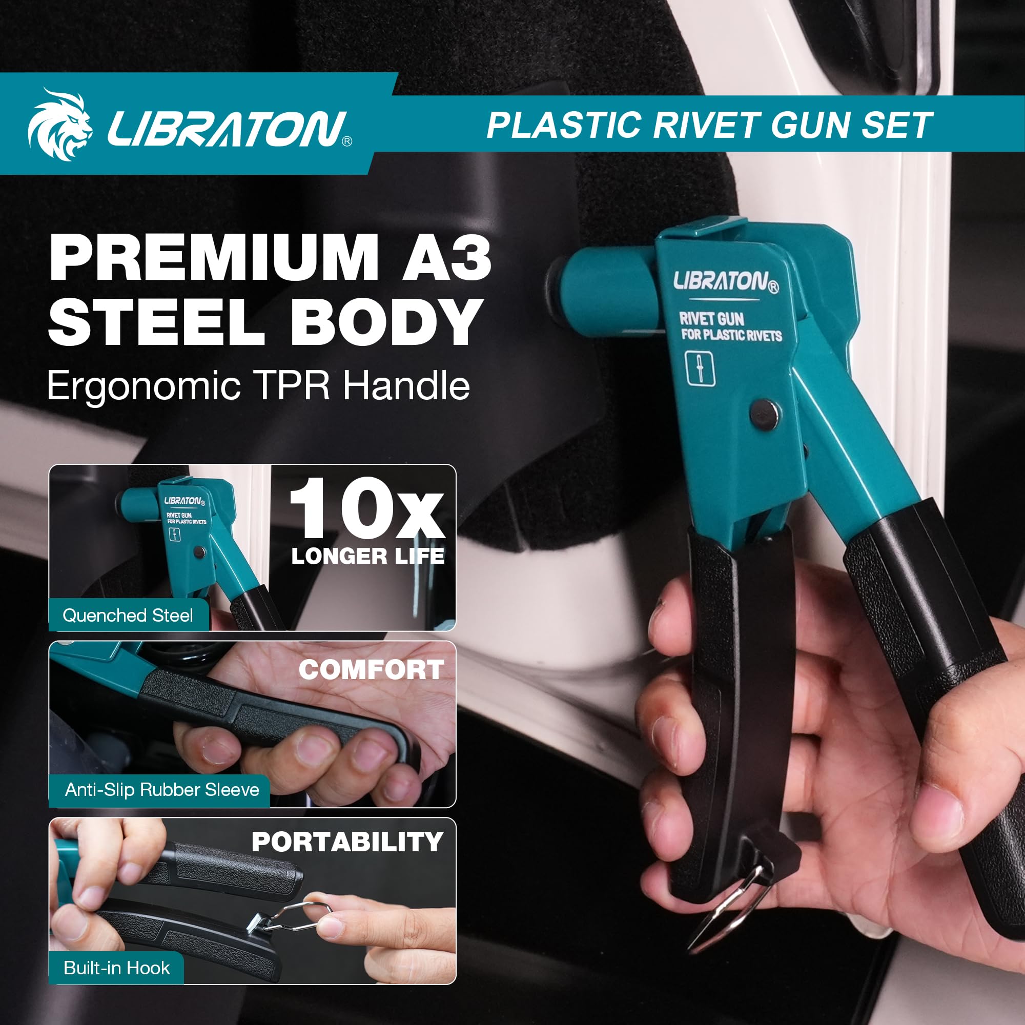 LIBRATON rivet gun used behind dashboard enabling quick trim installs