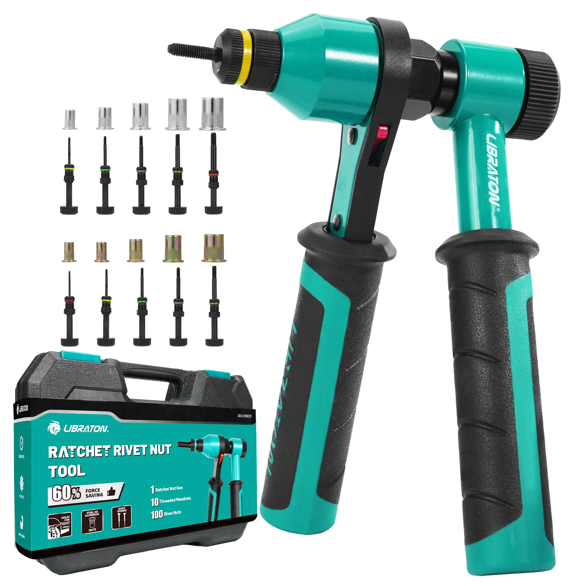 LIBRATON rivet nut tool front view showing complete kit benefits