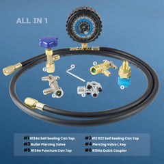 Lichamp can taps and bullet piercing valve arranged to show versatile connections