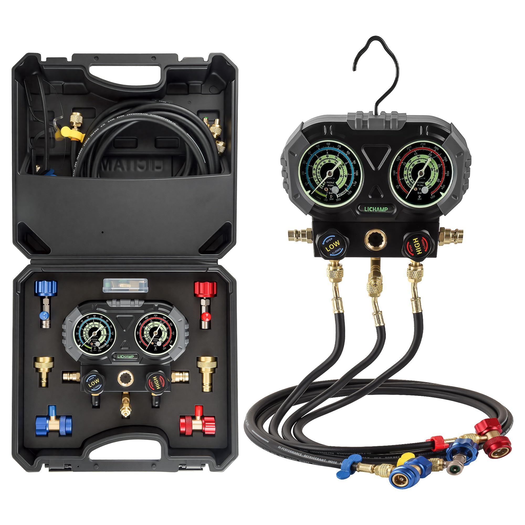 Lichamp front manifold gauge set showing gauges and valves for easy diagnostics