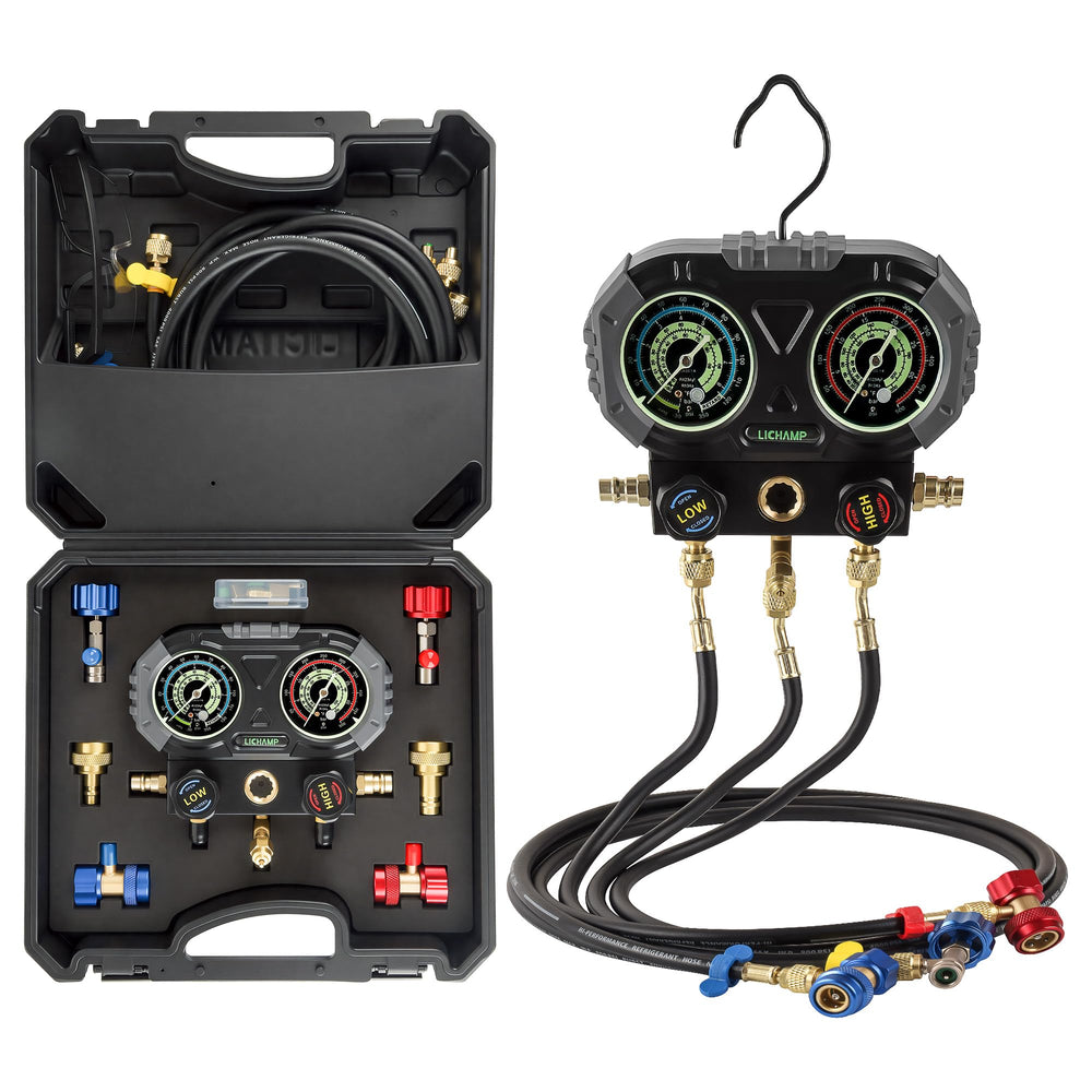 Lichamp front manifold gauge set showing gauges and valves for easy diagnostics