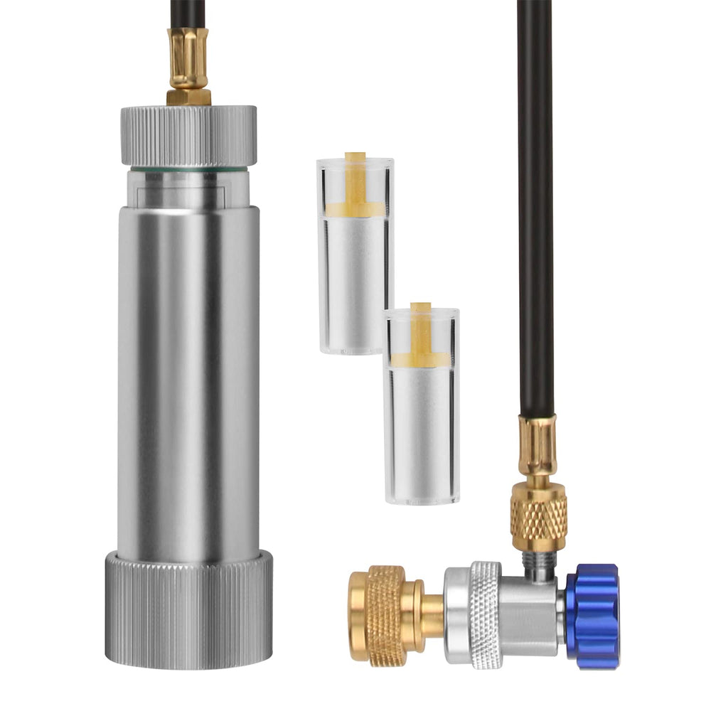 Lichamp injector front view showing compact aluminum body and leash for portability