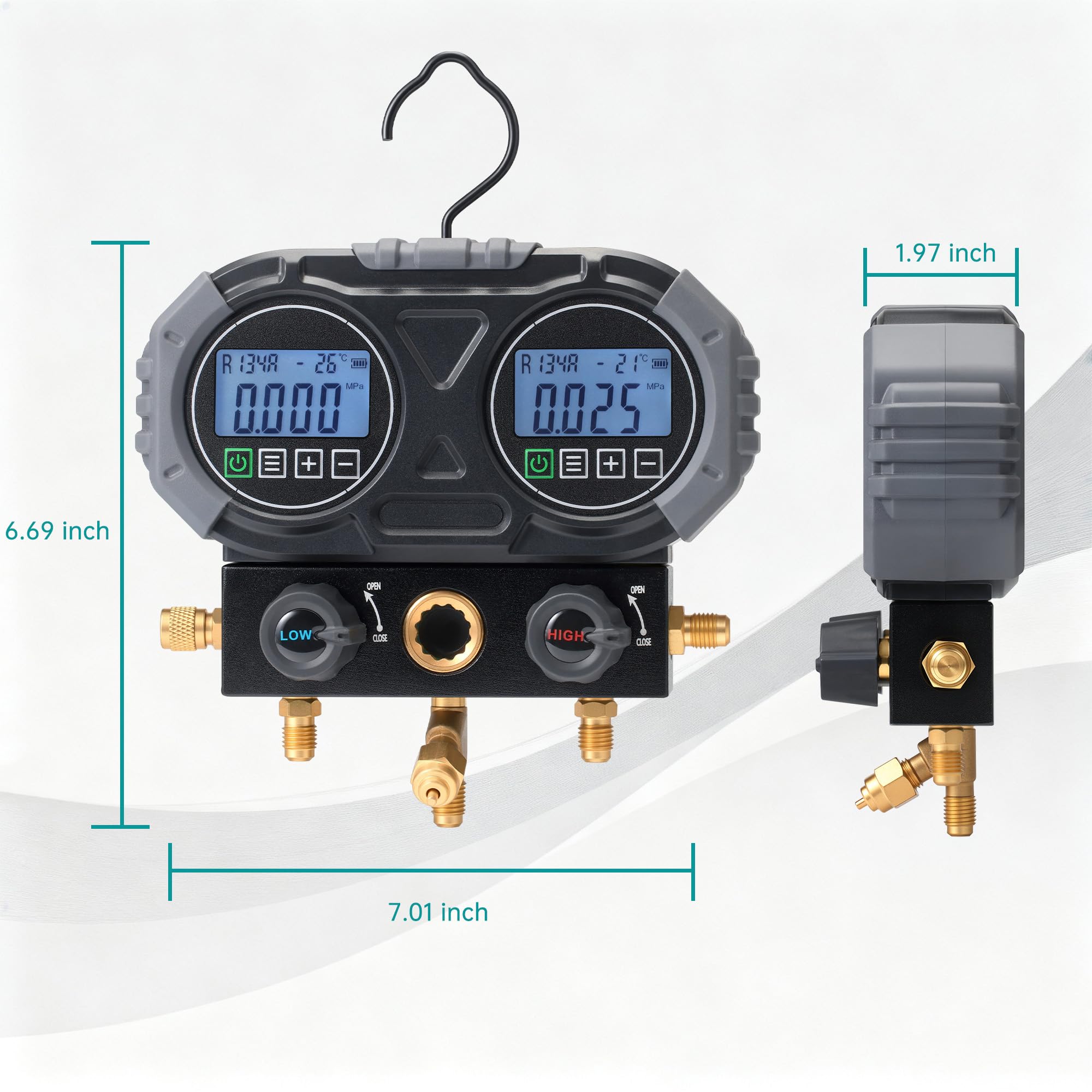 Lichamp manifold scale comparison with hand illustrating portable size for fieldwork