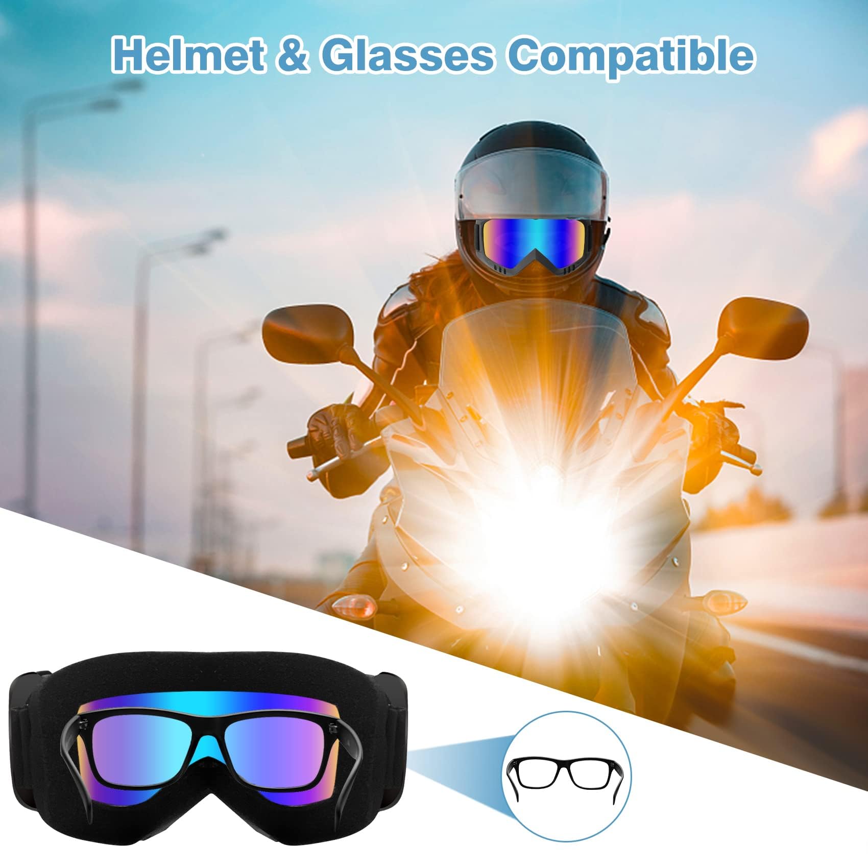 Lievermo goggles paired with motorcycle helmet for helmet compatibility benefit