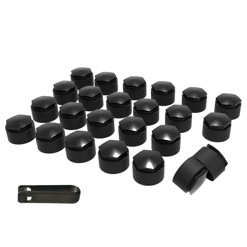 LILJUECE front packaging showing 24-piece black lug nut cover kit and tool benefits