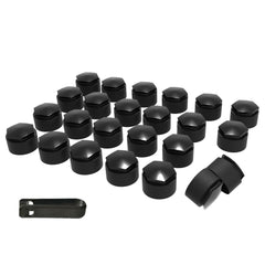 LILJUECE front packaging showing 24-piece black lug nut cover kit and tool benefits