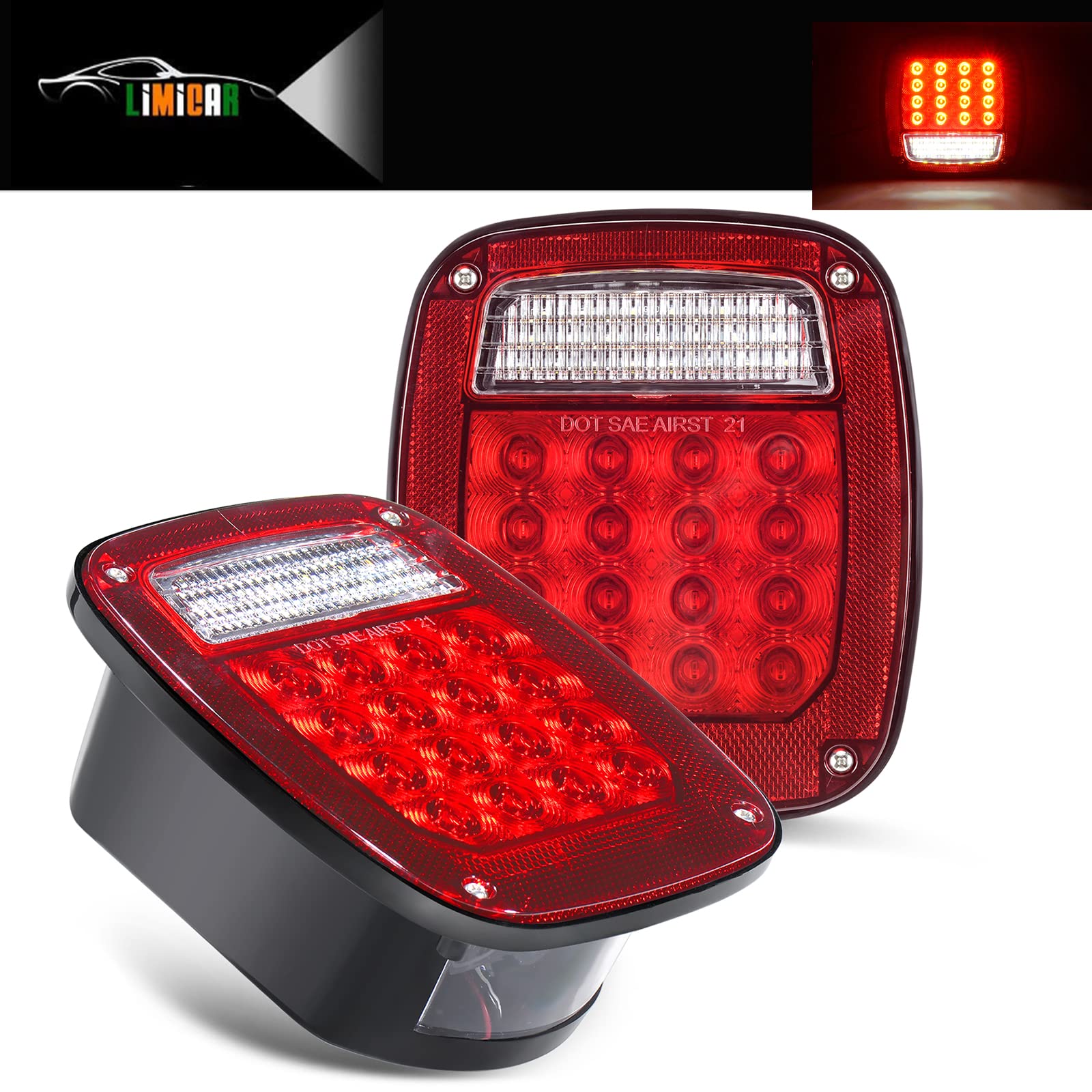LIMICAR front view of tail light assembly showing bright LEDs and secure lens, improves visibility