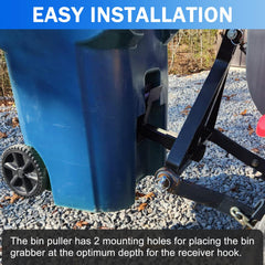 Linone grapple hook engaged on bin rim securing container for towing