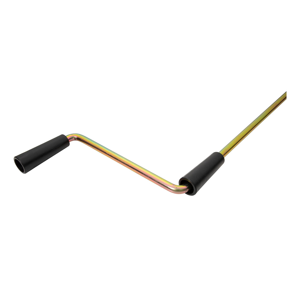 Lippert crank handle mounted on stabilizer showing quick manual control benefit