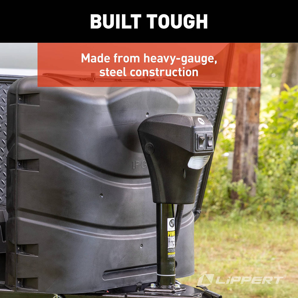 Lippert jack in campsite setup showing faster hitching and hands-free operation