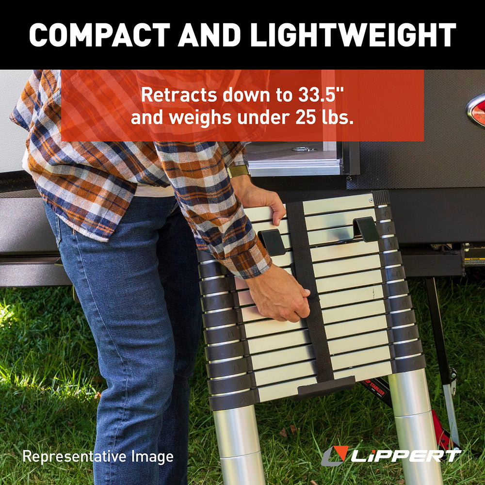 Lippert ladder extended on an RV back providing stable angled roof access