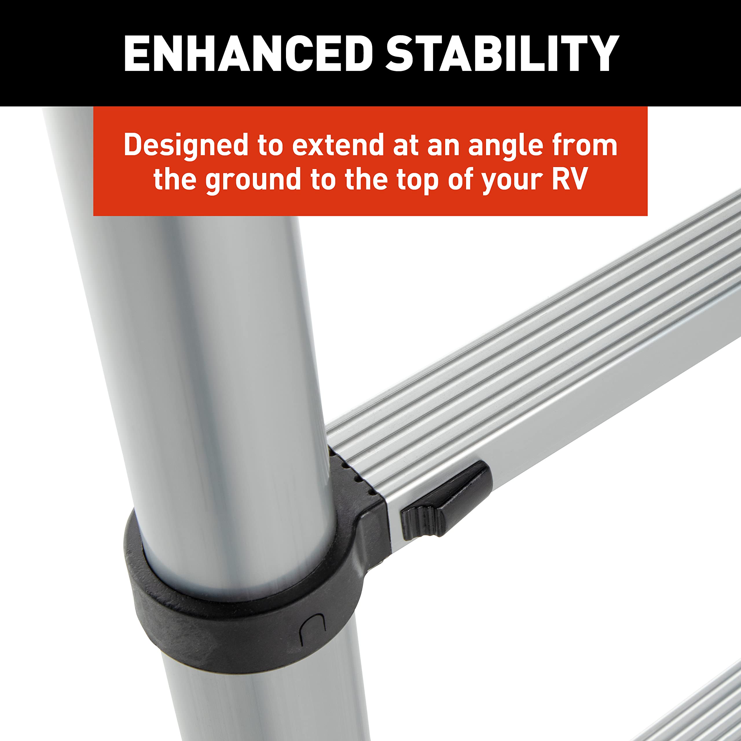 Lippert ladder held with Velcro strap for safe carrying and transport