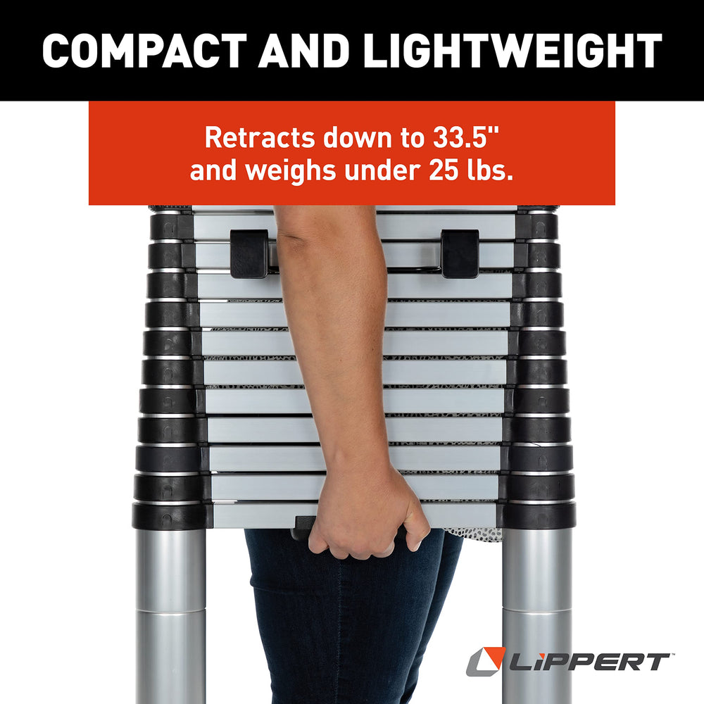 Lippert ladder molded rubber feet contacting ground to prevent slips