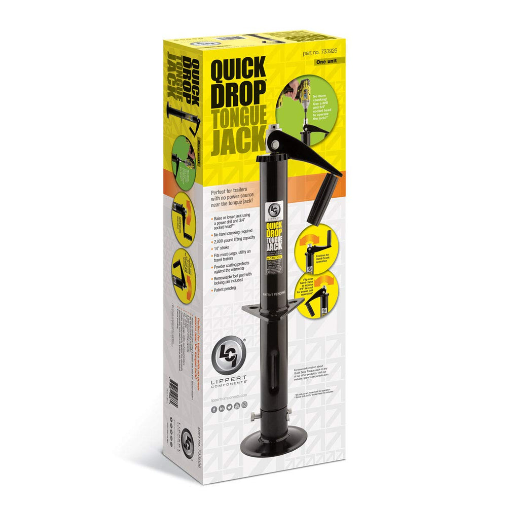 Lippert Components jack with drill attached showing powered operation to save time