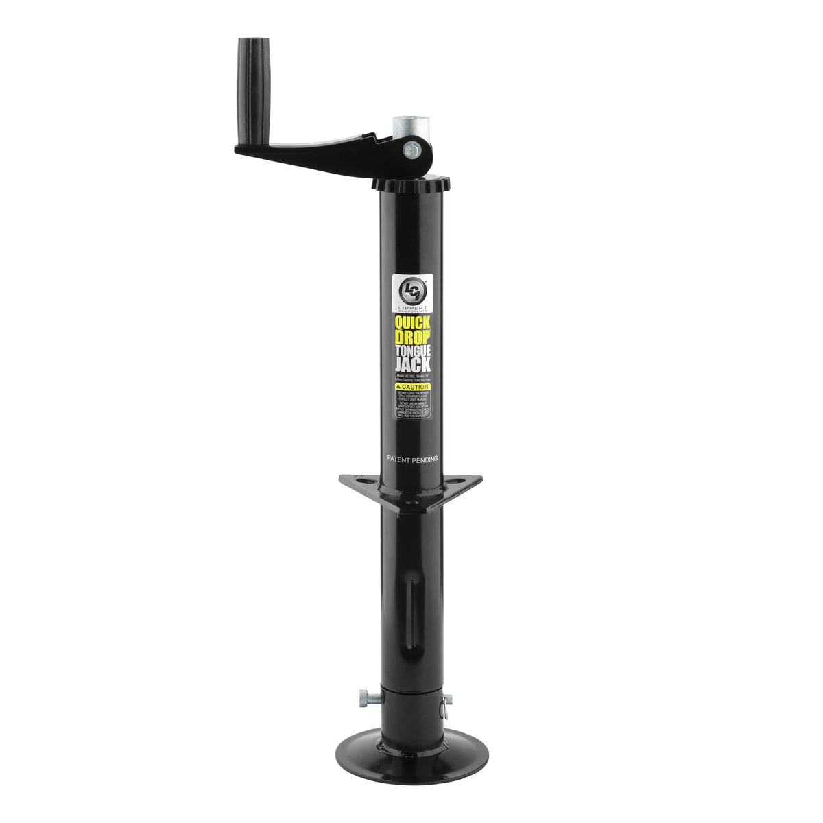 Lippert Components jack front view showing compact A-frame mounting and quick hookup benefit
