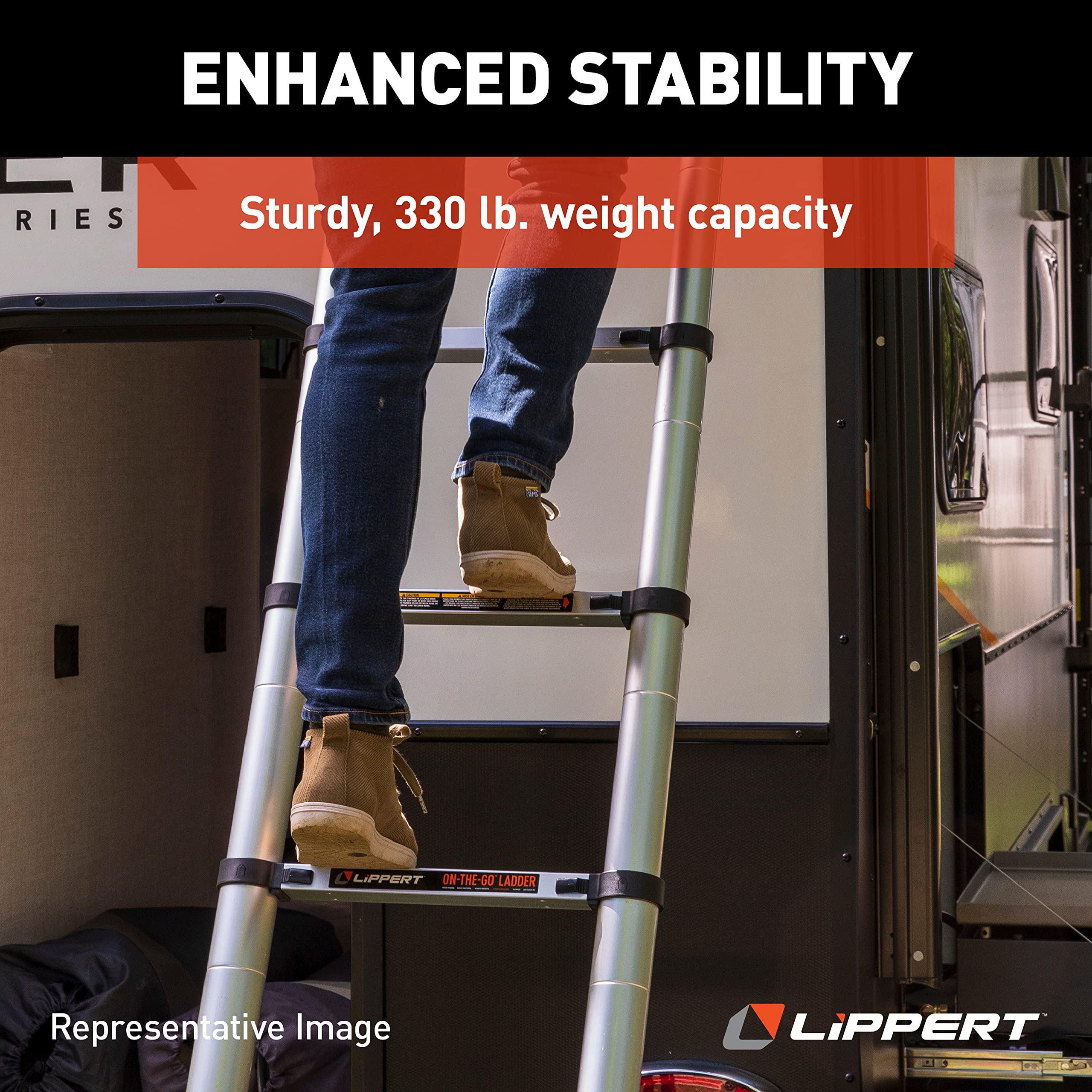 Lippert ladder retracted in hand showing 35.75-inch compact storage convenience