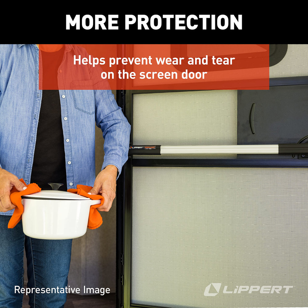 Lippert Components push bar next to groceries showing convenience when carrying items